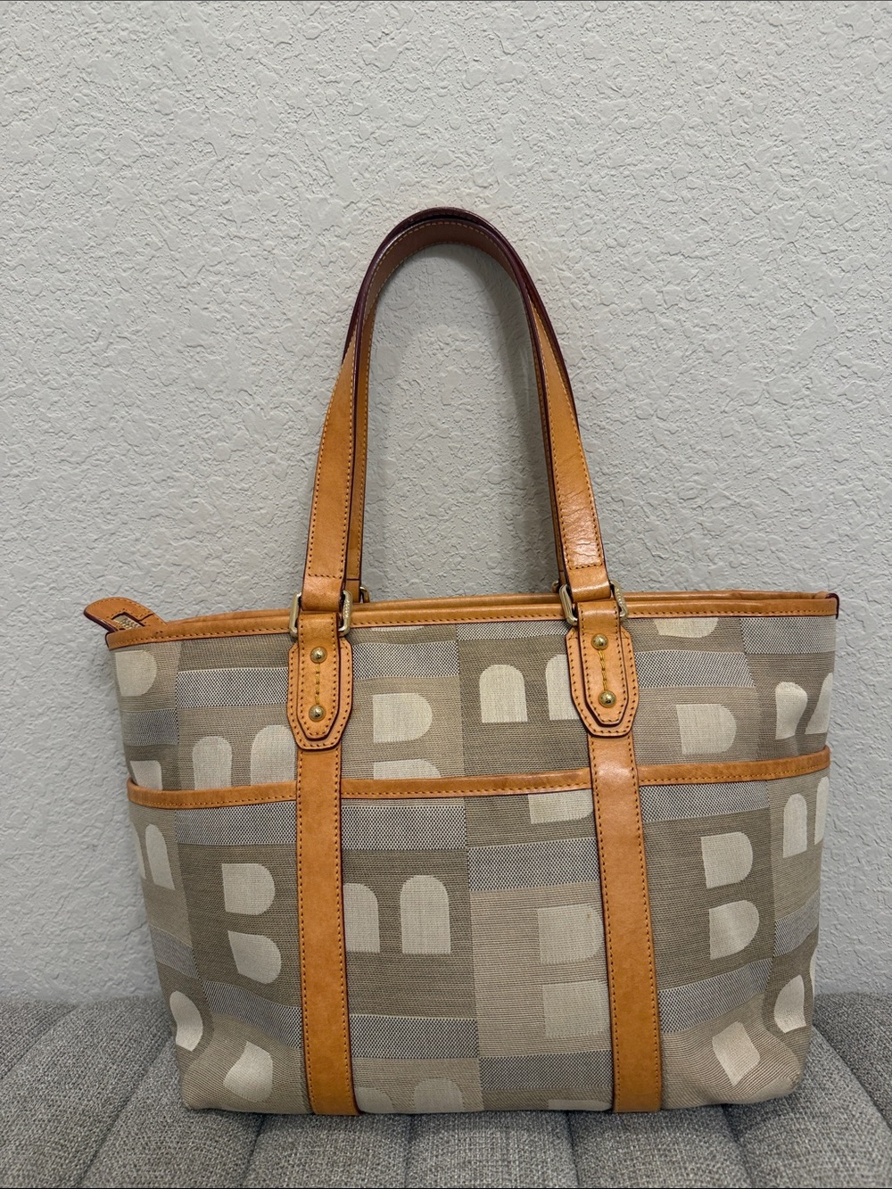 Designer Beige & Tan Tote Bag - Classic Monogram Style